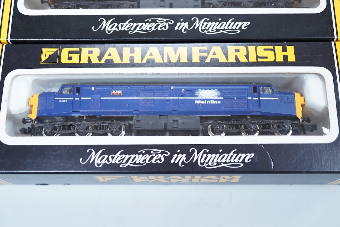 Three boxed Graham Farish N gauge railway electric and diesel locomotives; a Virgin class 90, the Law Society 90013 (882A), a Mainline class 37, 37055 (803D) and an EWS class 37, 37408 (803E).